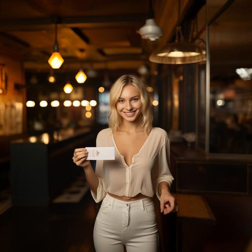 a beautiful blonde woman holding a post card with one hand with the card in a horizontal position, smiling, looking at the camera, high Rez