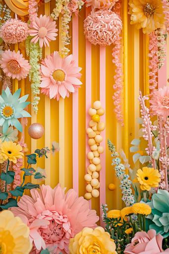 a beautiful boba tea flower colonnade garden a yellow in the style of patterned paper piecing, yellow pink peach, scrapbooking inspired, kawaii chic, collage frenzy, beatrix potter, geometric shapes & patterns, vibrant stage backdrops, crisp and delicate, Brittney Lee, margaret brundage, sparklecore, glittercore, pretty --ar 2:3 --q 1.0 --v 6.0