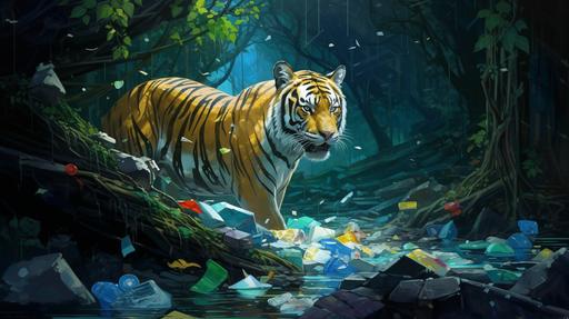 a beautiful bright high contast waterfall in dense jungle, a bright blue eyed tiger picking plastic trash with mouth around the waterfall oil painting 3d portrait 8K image --ar 16:9