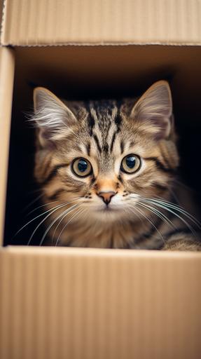 a beautiful cat in a cardboard box --ar 9:16