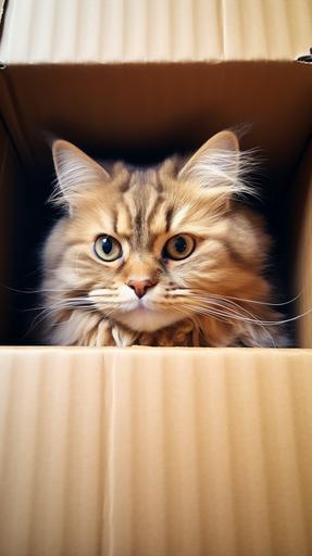 a beautiful cat in a cardboard box --ar 9:16