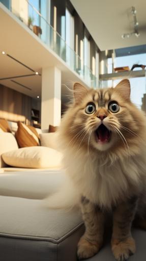 a beautiful cat looking shocked, in a beautiful modern house --ar 9:16