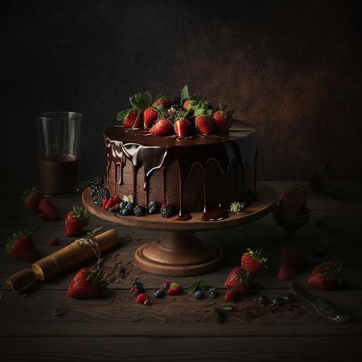 a beautiful chocolate cake with chocolate ganache and strawberries on top on a wooden table, more strawberries on the table, in a dark room that only sunlight is lighting the cake