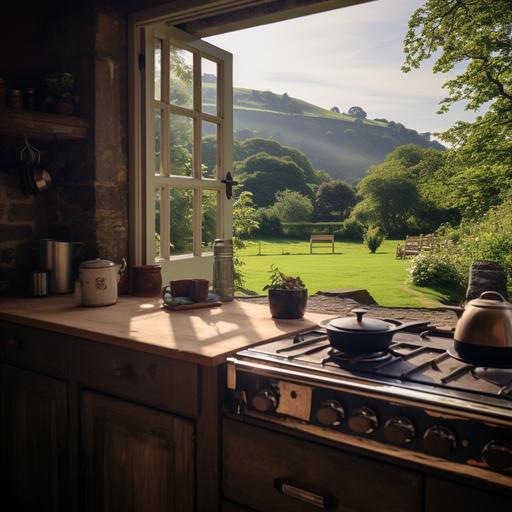 a beautiful cottage kitchen, looking out to an extreamly scenic backgarden,with hills and grass the stove has a mocha pot on it as a coffee is brewing