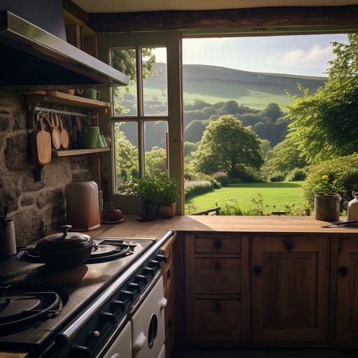 a beautiful cottage kitchen, looking out to an extreamly scenic backgarden,with hills and grass the stove has a mocha pot on it as a coffee is brewing