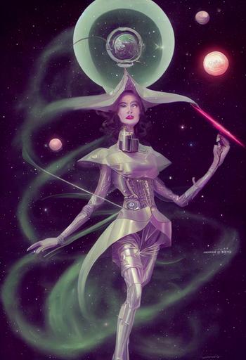 a beautiful cyborg witch in space, she is wearing a witch hat on her head, enchanting robes, glitter heels, and holding a magic wand. beautiful symetric, detailed face, magestic, glowing, stars, vintage sci-fi art --ar 9:16 --test --creative