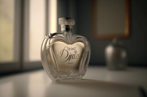 a beautiful dior perfume bottle with a 3D logo in the shape of a heartcore on the edge of a tub in a bathroom, soft lighting, portrait photography style, detailed realistic portrait on camera, shadow, soft natural light , realistic --ar 3:2 --q 0.5 --v 4