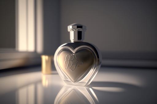 a beautiful dior perfume bottle with a 3D logo in the shape of a heartcore on the edge of a tub in a bathroom, soft lighting, portrait photography style, detailed realistic portrait on camera, shadow, soft natural light , realistic --ar 3:2 --q 0.5 --v 4