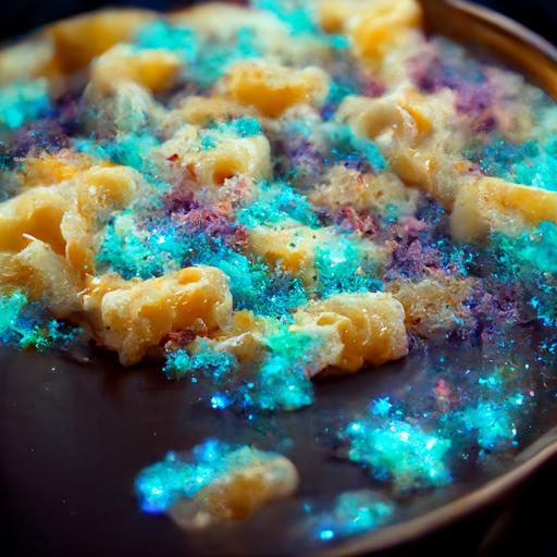 a beautiful ethereal photograph of an opalescent and holographic carbonated Mac and cheese with sprinkles, molecular gastronomy —chaos 5  --v 3