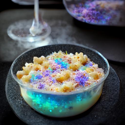 a beautiful ethereal photograph of an opalescent and holographic carbonated Mac and cheese with sprinkles, molecular gastronomy —chaos 5 --v 3