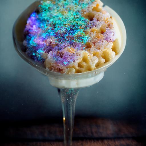 a beautiful ethereal photograph of an opalescent and holographic carbonated Mac and cheese with sprinkles, molecular gastronomy —chaos 5 --v 3