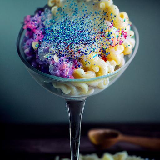 a beautiful ethereal photograph of an opalescent and holographic carbonated Mac and cheese with sprinkles, molecular gastronomy —chaos 5 --test --creative --upbeta