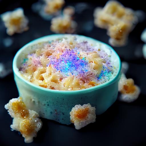 a beautiful ethereal photograph of an opalescent and holographic carbonated Mac and cheese with sprinkles, molecular gastronomy —chaos 5  --v 3