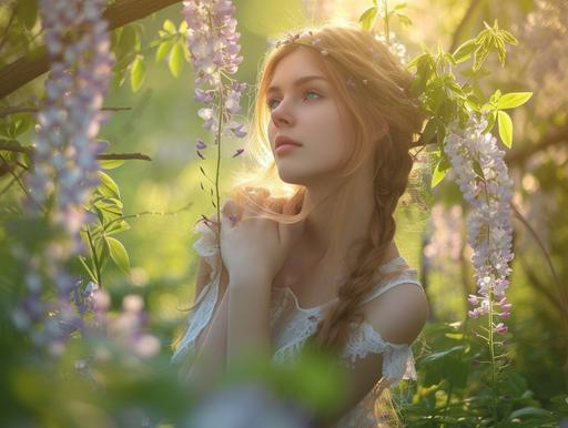 a beautiful fair maden in a wisteria forest, gorgeous model maiden::2 , angelic lighting, green grass and mossy rocks, fantasy --ar 4:3 --v 6.0 --style raw