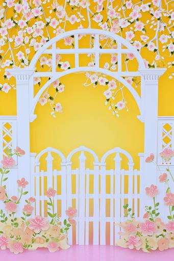 a beautiful flower colonnade garden and gate a yellow in the style of patterned paper piecing, yellow pink peach, scrapbooking inspired, kawaii chic, collage frenzy, beatrix potter, geometric shapes & patterns, vibrant stage backdrops, crisp and delicate, Brittney Lee, margaret brundage, sparklecore, glittercore, pretty --ar 2:3 --v 6.0 --s 1