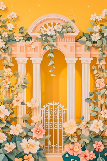 a beautiful flower colonnade garden and gate a yellow in the style of patterned paper piecing, yellow pink peach, scrapbooking inspired, kawaii chic, collage frenzy, beatrix potter, geometric shapes & patterns, vibrant stage backdrops, crisp and delicate, Brittney Lee, margaret brundage, sparklecore, glittercore, pretty --ar 2:3 --v 6.0