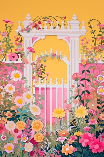 a beautiful flower colonnade garden and gate a yellow in the style of patterned paper piecing, yellow pink peach, scrapbooking inspired, kawaii chic, collage frenzy, beatrix potter, geometric shapes & patterns, vibrant stage backdrops, crisp and delicate, Brittney Lee, margaret brundage, sparklecore, glittercore, pretty --ar 2:3 --quality 1.0 --v 6.0