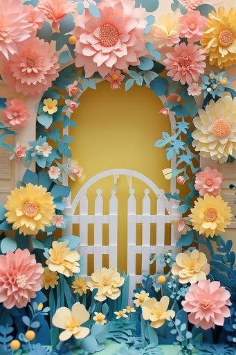 a beautiful flower colonnade garden and gate a yellow in the style of patterned paper piecing, yellow pink peach, scrapbooking inspired, kawaii chic, collage frenzy, beatrix potter, geometric shapes & patterns, vibrant stage backdrops, crisp and delicate, Brittney Lee, margaret brundage, sparklecore, glittercore, pretty --ar 2:3 --v 6.0