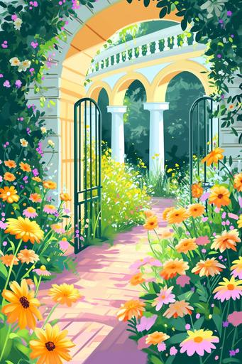 a beautiful flower colonnade garden and gate a yellow in the style of patterned paper piecing, yellow pink peach, scrapbooking inspired, kawaii chic, collage frenzy, beatrix potter, geometric shapes & patterns, vibrant stage backdrops, crisp and delicate, Brittney Lee, margaret brundage, sparklecore, glittercore, pretty --ar 2:3 --quality 1.0 --v 6.0