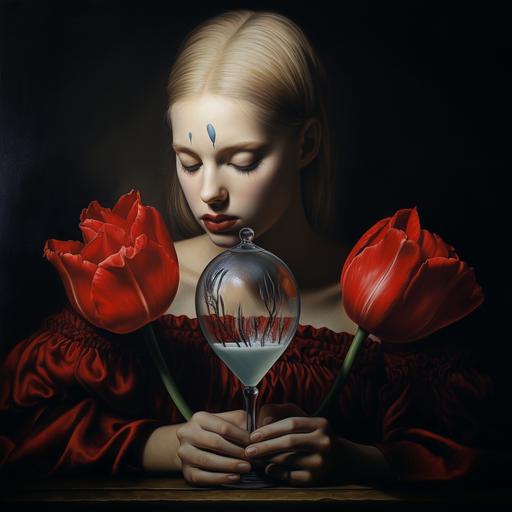 a beautiful girl holding a in skull a tulip and a sand clock in a surreal Daly style
