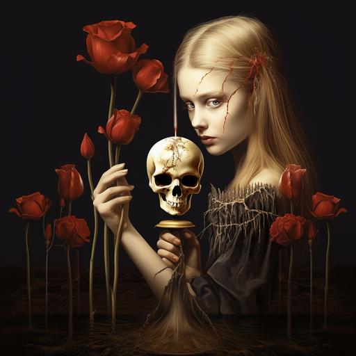 a beautiful girl holding a in skull a tulip and a sand clock in a surreal Daly style