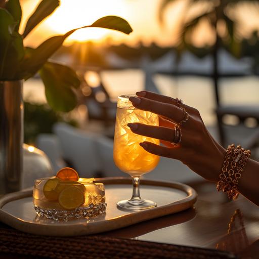 a beautiful hand, with a diamond ring, holding a tropical cocktail, sundowner in the background, product shot, shot with Nikon D850 and a 24-70mm f/2. 8 lens used for the shot, at 1/125 sec, f/5. 6, ISO 200