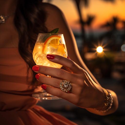 a beautiful hand, with a diamond ring, holding a tropical cocktail, sundowner in the background, product shot, shot with Nikon D850 and a 24-70mm f/2. 8 lens used for the shot, at 1/125 sec, f/5. 6, ISO 200