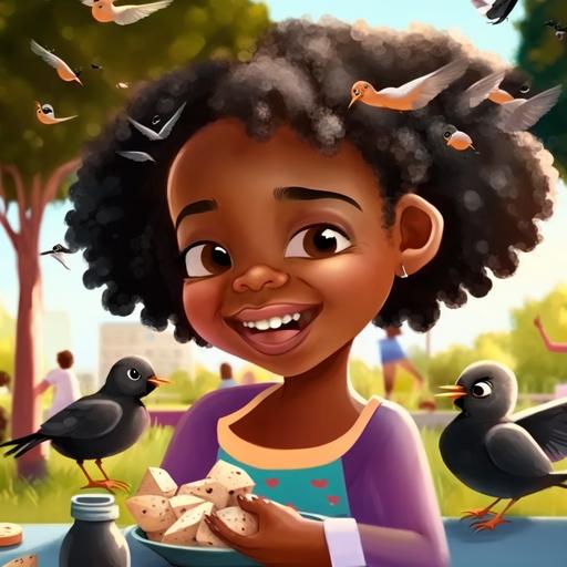 a beautiful happy little black girl in the park surrounded by birds feeding them bread, 4k, cartoon style illustration, realistic, professional render --v 4