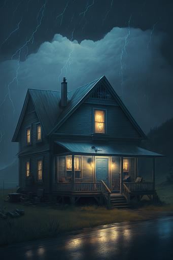 a beautiful house in the middle of nowhere on a rainy day, night time, ultrarealistic --ar 2:3