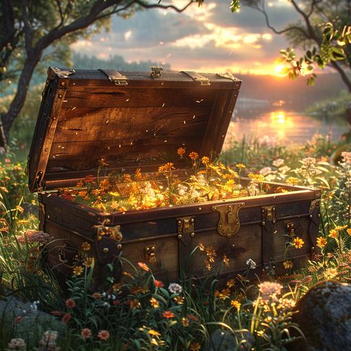 a beautiful image of an open treasure chest on a grass field, detailed, realistic --s 750 --v 6.0 --style raw