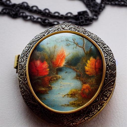 a beautiful intricate antique locket necklace, Victorian. There is a hyperdetailed miniature painting of an autumn scene on the front. Beautiful detailed photo in natural light --testp --upbeta
