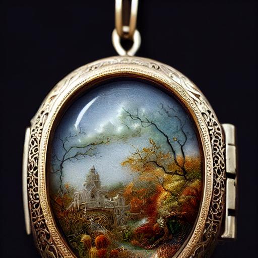a beautiful intricate antique locket necklace, Victorian. There is a hyperdetailed miniature painting of an autumn scene on the front. Beautiful detailed photo in natural light --testp --upbeta