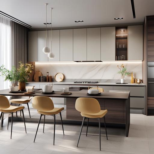 a beautiful kitchen with white cabinets and chairs, in the style of xiaofei yue, light maroon and light brown, opacity and translucency, dark gray and light beige, streamlined design, vintage modernism, light beige and light amber
