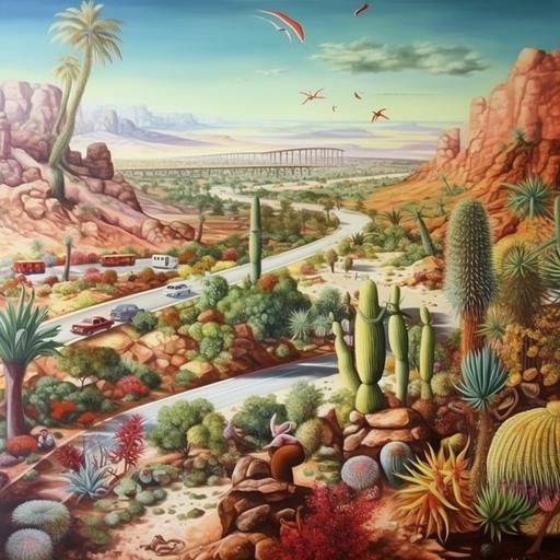 a beautiful landscape, mixing the desert in arizona with California, cactus, scorpion, Golden Gate, Bridge, crab, red chili peppers, palm tree,