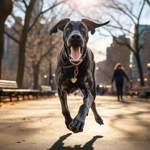 a beautiful, large black, Great Dane happily playing and running through a New York City dog park, sunshine, intricate details, dynamic lighting, cinematic