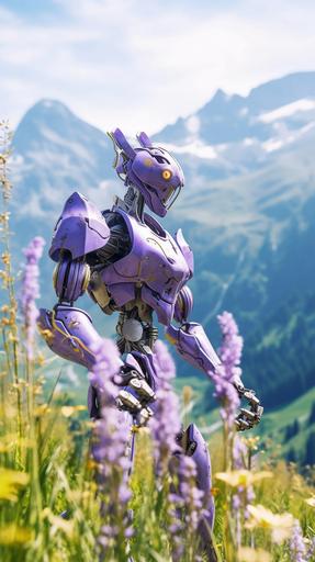 a beautiful lavender bionicle, cybernatically enhanced nature creature, clean armor, flower power, lavender ornaments, in the swiss alps, depth of field --ar 9:16 --upbeta --q 2 --v 5.1 --upbeta --q 2 --v 5.1