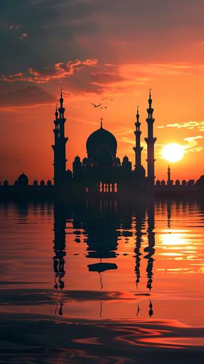 a beautiful mosque in a muslim country. 4k, silhouette. --ar 9:16