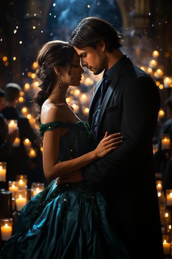 a beautiful pale fair skinned woman with long dark hair and dark eyes wearing a beautiful blue ballgown standing with a tall noble gentleman with dark swoosh hair and emerald green eyes, in a magical ballroom surrounded by floating lanterns and candles, whimsical, moon magic, magical, romance novel, bokeh, f1.4, 35mm, photo realistic, detailed, --ar 2:3 --s 750 --style raw