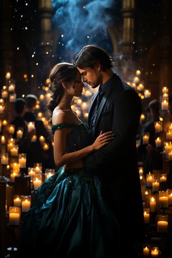 a beautiful pale fair skinned woman with long dark hair and dark eyes wearing a beautiful blue ballgown standing with a tall noble gentleman with dark swoosh hair and emerald green eyes, in a magical ballroom surrounded by floating lanterns and candles, whimsical, moon magic, magical, romance novel, bokeh, f1.4, 35mm, photo realistic, detailed, --ar 2:3 --s 750 --style raw