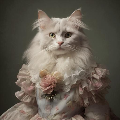 a beautiful pale grey cat wearing a disheveled victorian floral dress in muted pastel colours