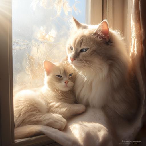 a beautiful persian siamese mother cat snuggling her kitten in a cozy window with sun shining