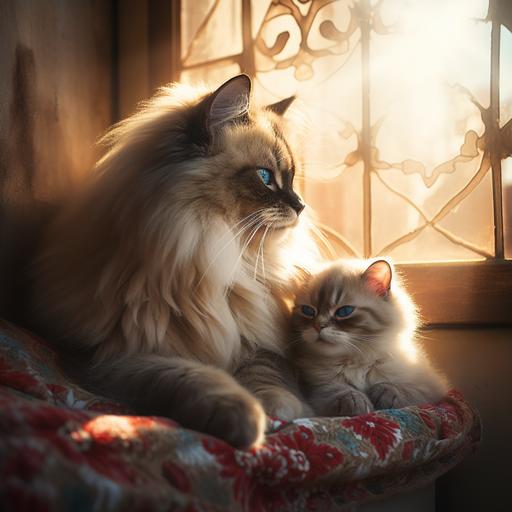 a beautiful persian siamese mother cat snuggling her kitten in a cozy window with sun shining