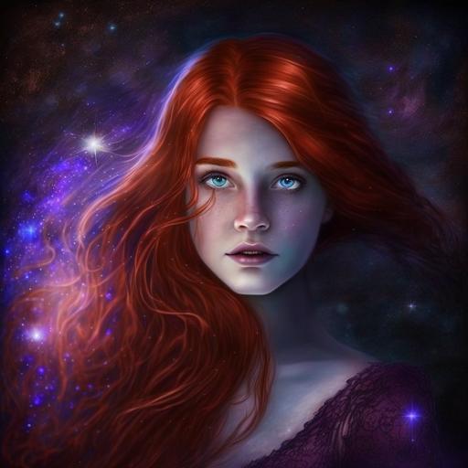 a beautiful redhead with flowing Scarlet hair, black lace nightgown, Victoria's Secret rendered, ultraviolet uplight, cosmic background, --v 4