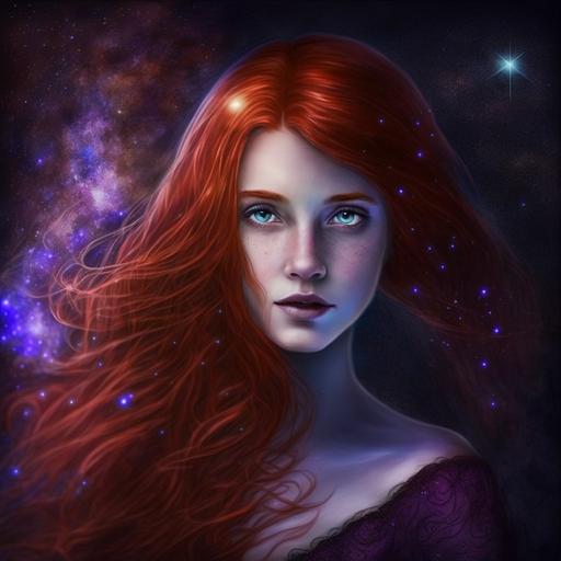 a beautiful redhead with flowing Scarlet hair, black lace nightgown, Victoria's Secret rendered, ultraviolet uplight, cosmic background, --v 4