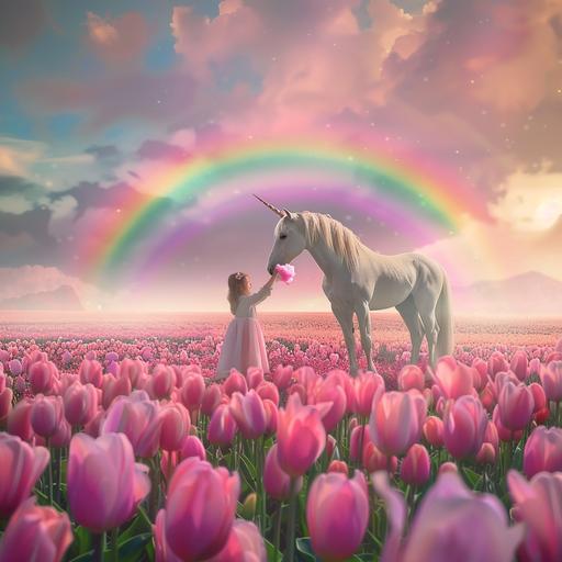 a beautiful rolling field of pink tulips with a beautiful unicorn standing under a neon rainbow. Photorealistic. Elf. little girl feeding the unicorn a piece of cotton candy.