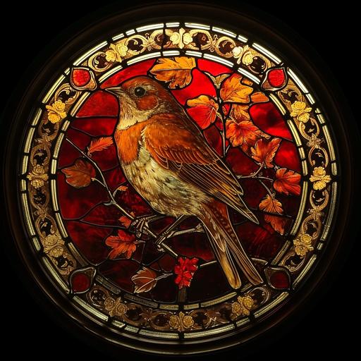 a beautiful round stained glass window in red and golden colours, ornate details, depicting a robin bird --v 6.0