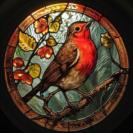 a beautiful round stained glass window in red and golden colours, depicting a robin bird --v 6.0