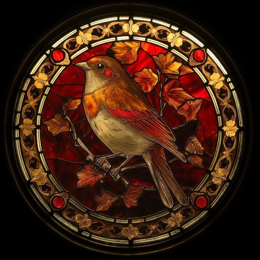 a beautiful round stained glass window in red and golden colours, ornate details, depicting a robin bird --v 6.0