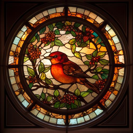a beautiful round stained glass window, warmly lit from the the other side, in all reddish and golden warm colours, ornate, depicting a robin bird --v 5.0