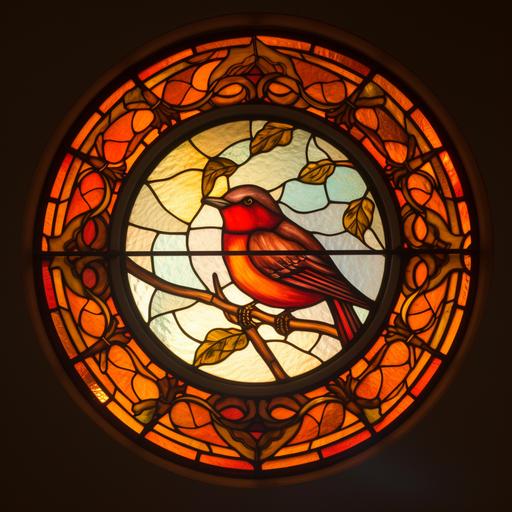 a beautiful round stained glass window, warmly lit from the the other side, in all reddish and golden warm colours, ornate, depicting a robin bird --v 5.0